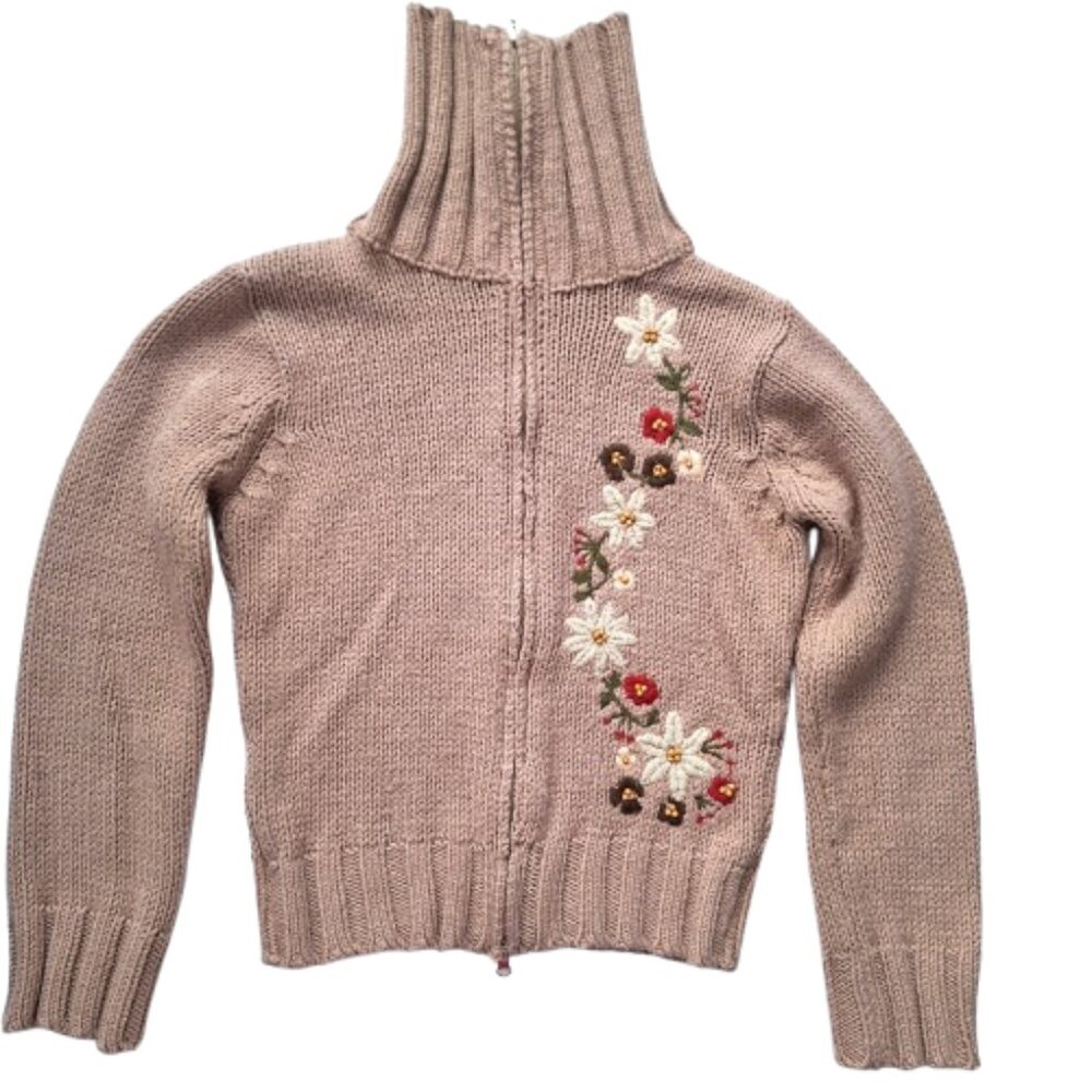 Knit Zip Up Cardigan with Embroidered Floral Design